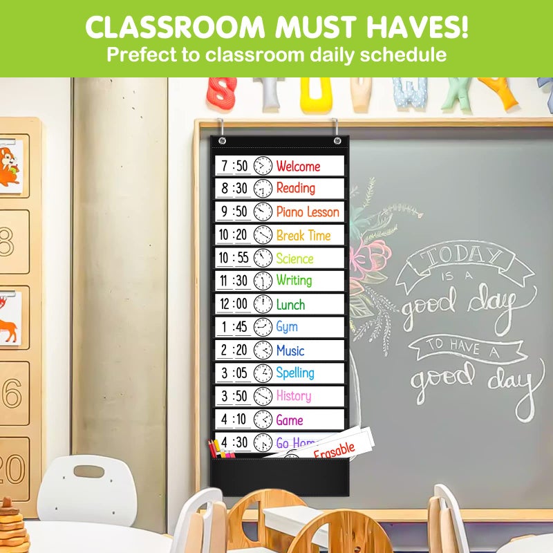 EAMAY Daily Schedule Pocket Charts, Teacher Schedule Chart with Resuable 18 Custom Cards, Classroom Pocket Chart for School Office or Homeschool Activities, Black - Image 3